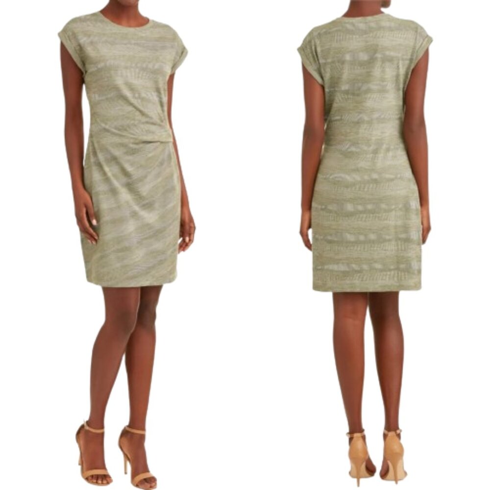 Time & Tru Green Print Knit Dress Side Detail Dolman Sleeves Cotton Blend